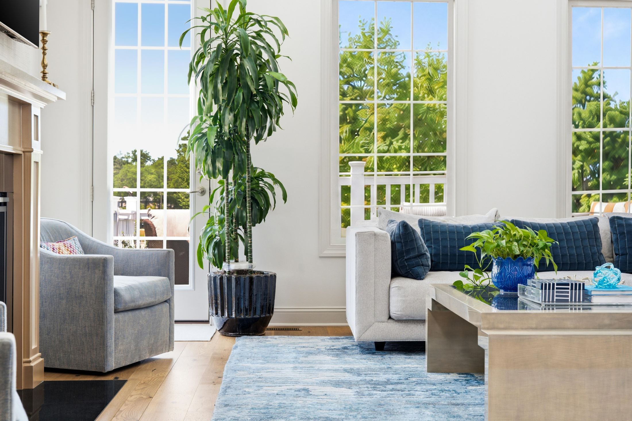 two-story great room with gas fireplace at 1 Aldrich Court